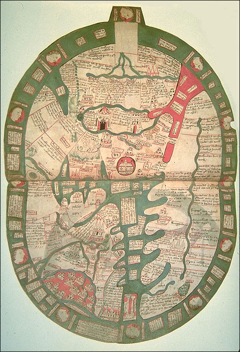 Weltkarte von  Ranulf Higden
Polychronicon, 1350
(Osten - Obenp)
