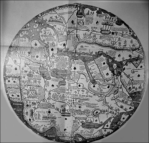 Borgia Weltkarte
frhes  15te Jh. (1410-1458)
(Sden-Oben; graviert auf einer Eisenplatte)
